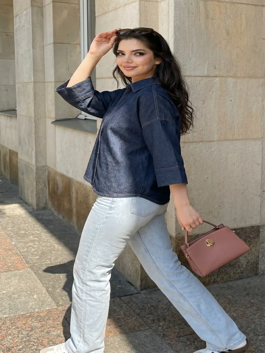 womens solid blue denim shirt